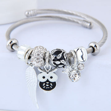 Beaded Owl Angel Wings Stainless Steel Bracelet